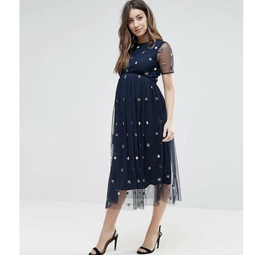 Maya Maternity Navy Blue Embellished Jeweled Mesh Maternity Formal Dress NWOT 8